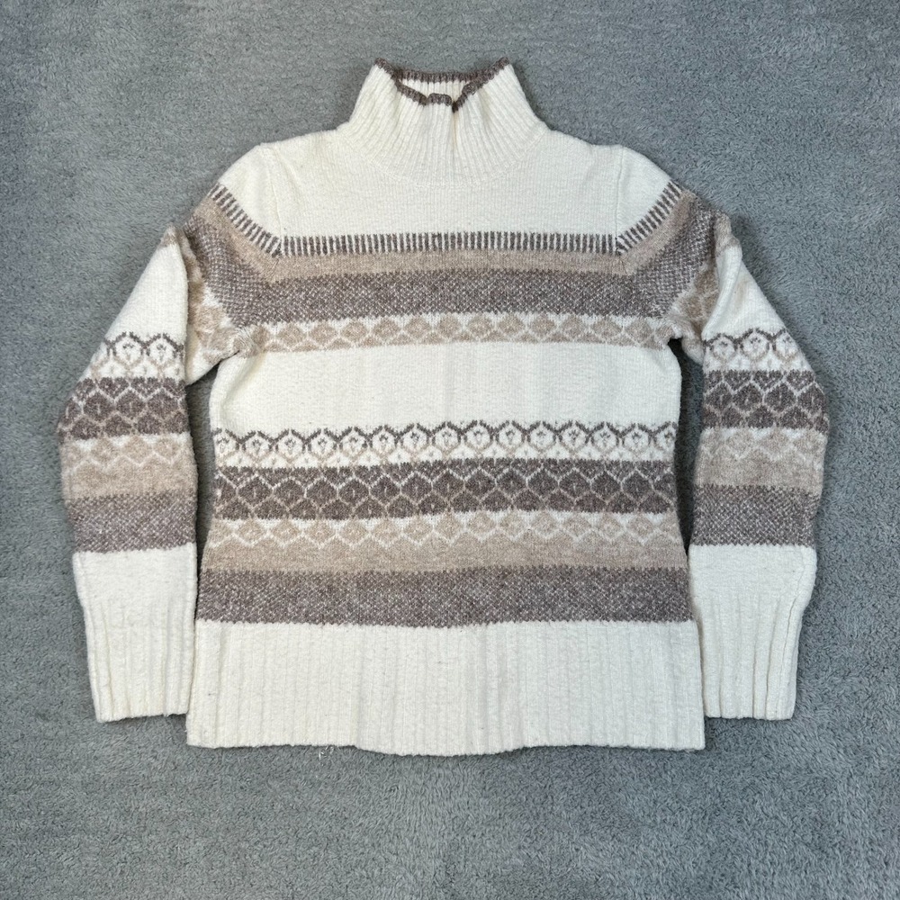 Aspen Women's Turtleneck Sweater Medium Long Sleeve‎ White/Brown Warm Winter